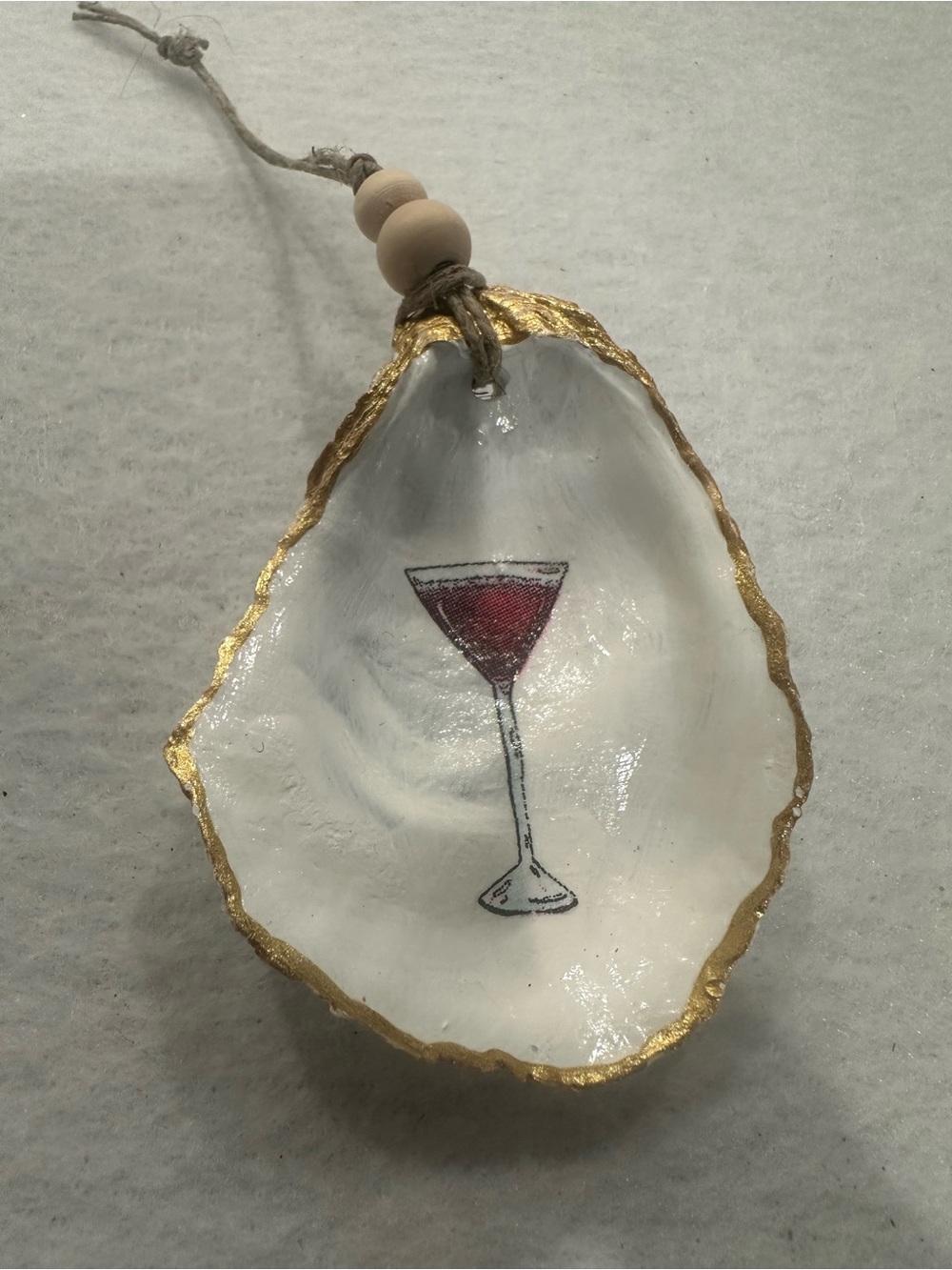 Hand-Painted White Oyster Shell ornament  with Gold Edge - Wine Glass Design